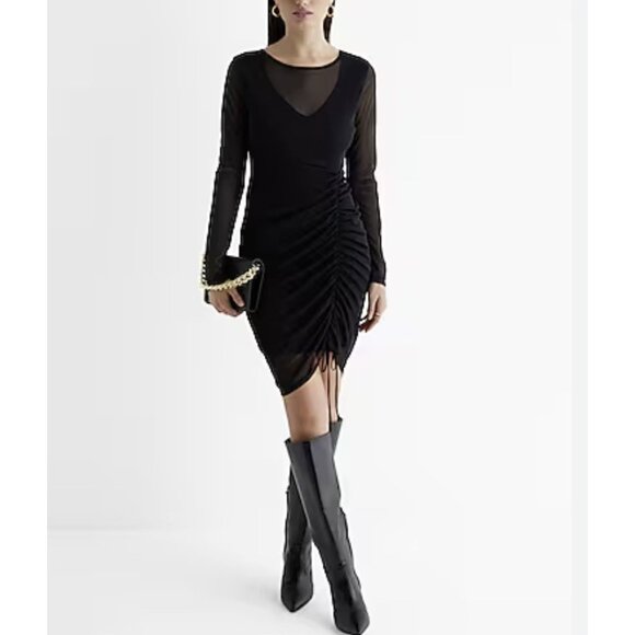 Express Ruched Long Sleeve Sheer New Years Eve Dress Size L Black NWT - Picture 1 of 10